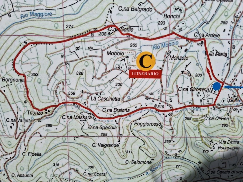 Kort over vandrerute i Piemonte